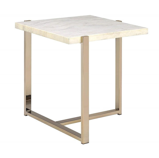 24" Brass And White Faux Marble And Iron Square End Table - Homeroots