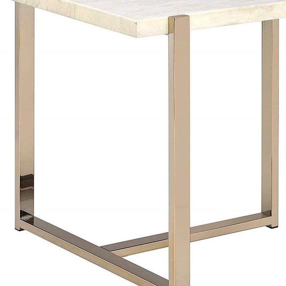 24" Brass And White Faux Marble And Iron Square End Table - Homeroots