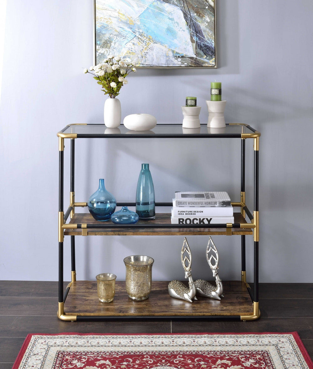 33" Black and Gold And Clear Glass End Table With Two Shelves With Magazine Holder - Homeroots - Flyclothing LLC
