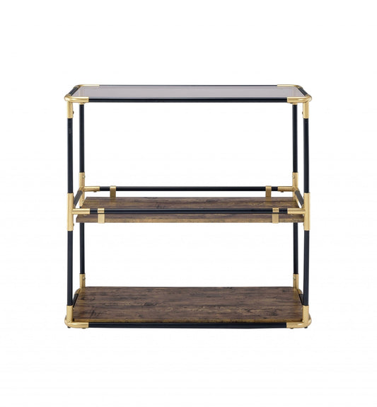 33" Black and Gold And Clear Glass End Table With Two Shelves With Magazine Holder - Homeroots