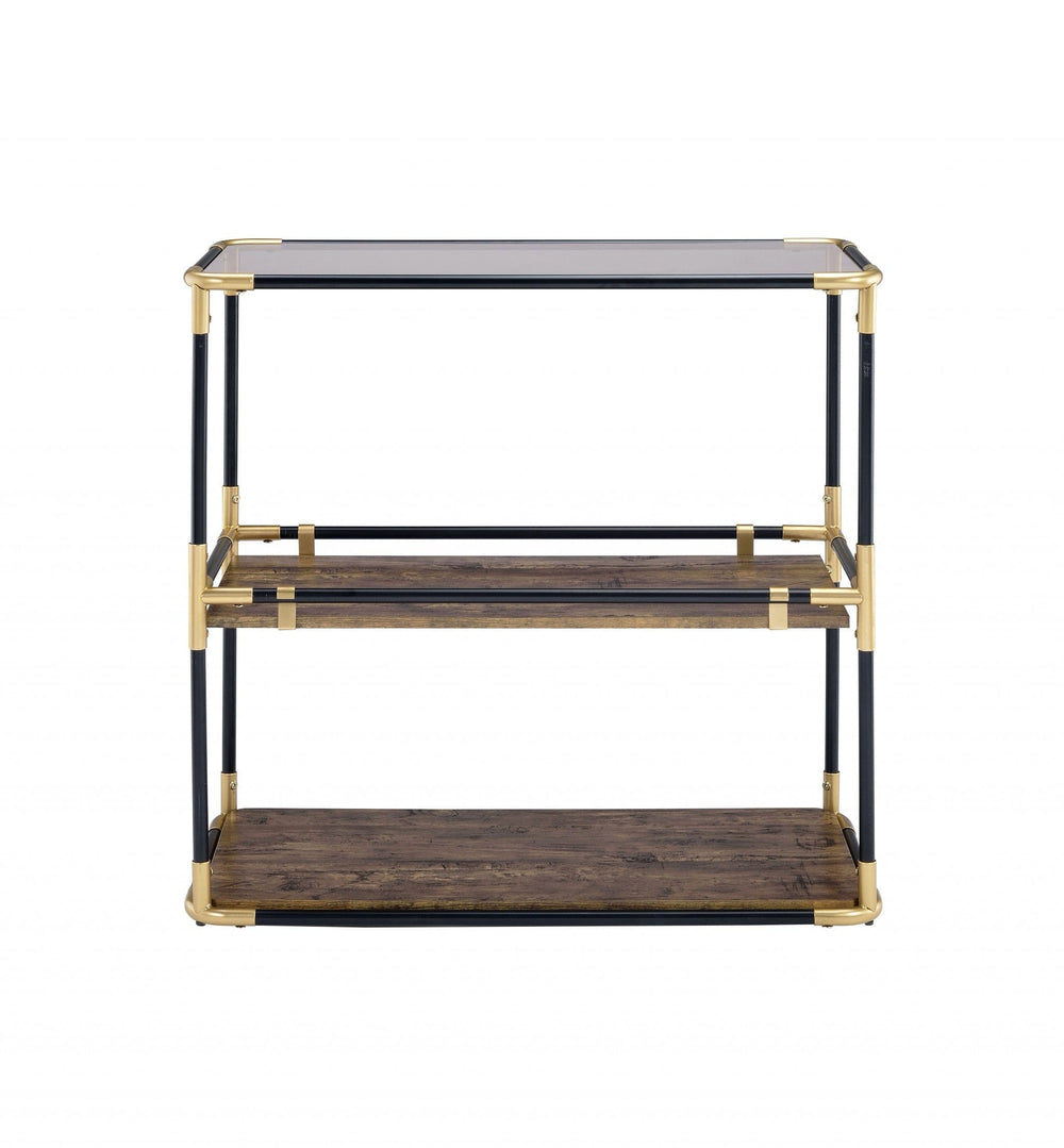 33" Black and Gold And Clear Glass End Table With Two Shelves With Magazine Holder - Homeroots - Flyclothing LLC
