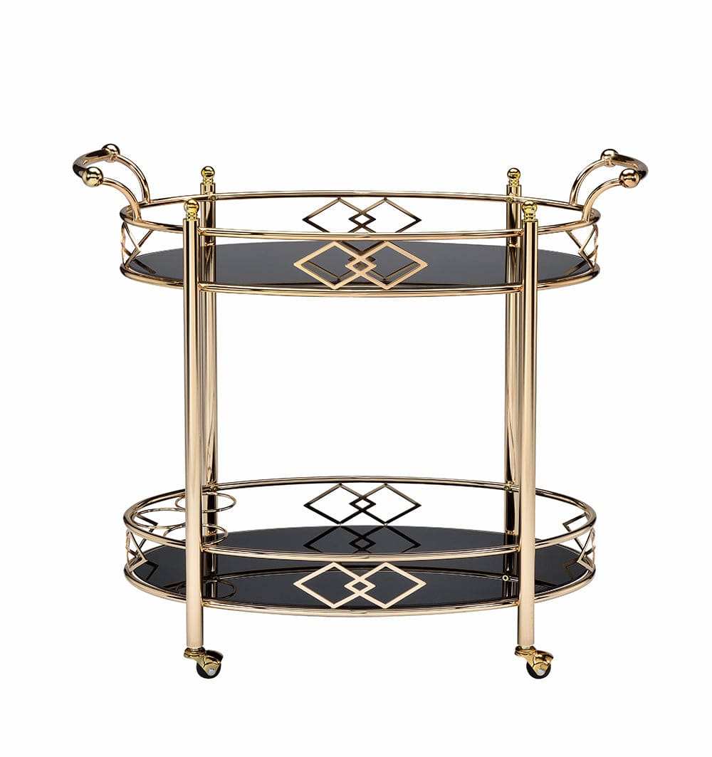 Gold and Black Metal And Glass Oval Rolling Bar Cart - Homeroots - Flyclothing LLC