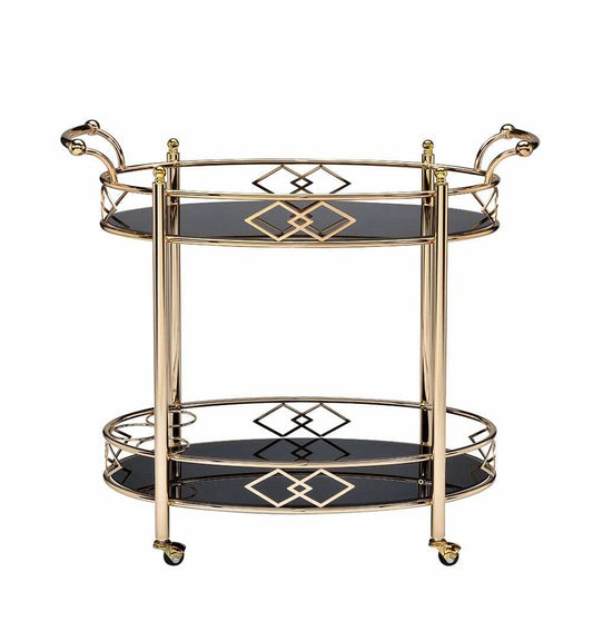 Gold and Black Metal And Glass Oval Rolling Bar Cart - Homeroots - Flyclothing LLC