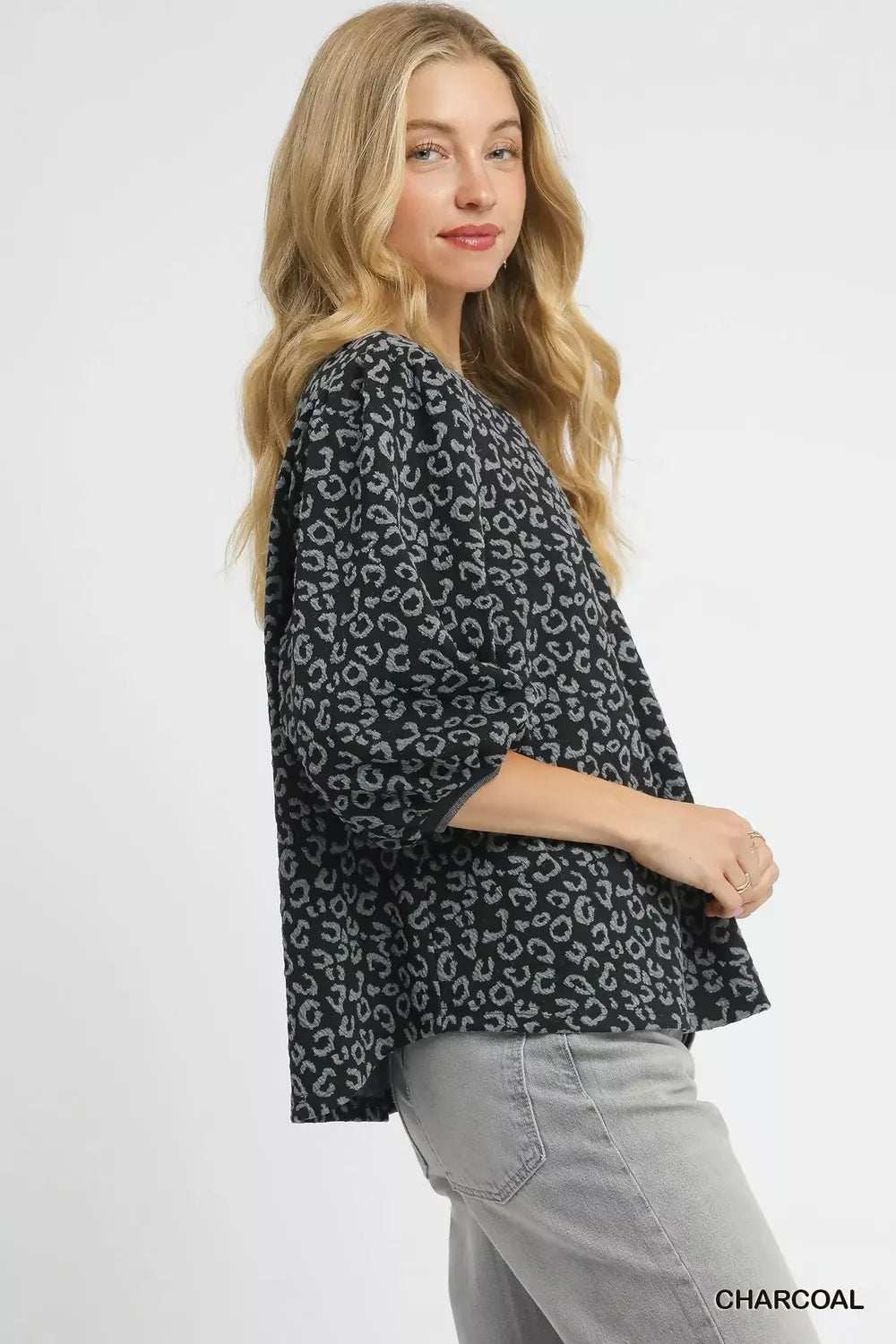 Umgee Leopard Print Jacquard Blouse with Puff Sleeves - Trendsi - Flyclothing LLC