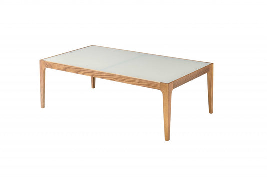43" Off White And Natural Frosted Glass And Solid Wood Coffee Table - Homeroots