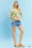 Umgee Leafy Damask Print Blouse with Contrast Scalloped Trim Detail - Trendsi - Flyclothing LLC