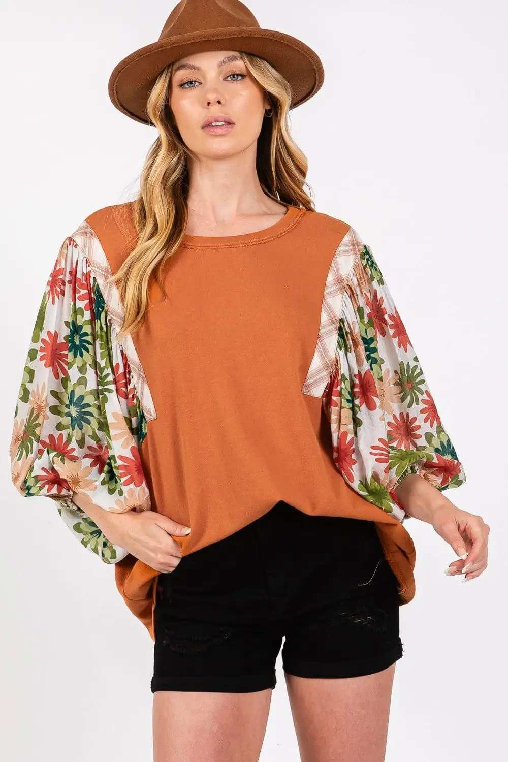 SAGE + FIG Full Size Printed Balloon Sleeve Contrast Top - Trendsi - Flyclothing LLC