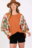 SAGE + FIG Full Size Printed Balloon Sleeve Contrast Top - Trendsi - Flyclothing LLC