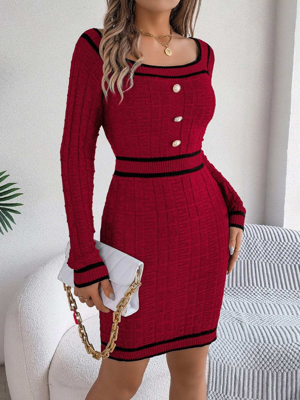 Contrast Trim Long Sleeve Sweater Dress - Trendsi - Flyclothing LLC