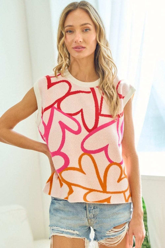 First Love Full Size Multicolor Heart Pattern Knitted Vest - Trendsi - Flyclothing LLC