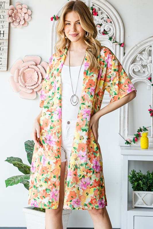 Heimish Full Size Half Sleeve Multi Color Floral Open Cardigan Plus Size - Trendsi - Flyclothing LLC
