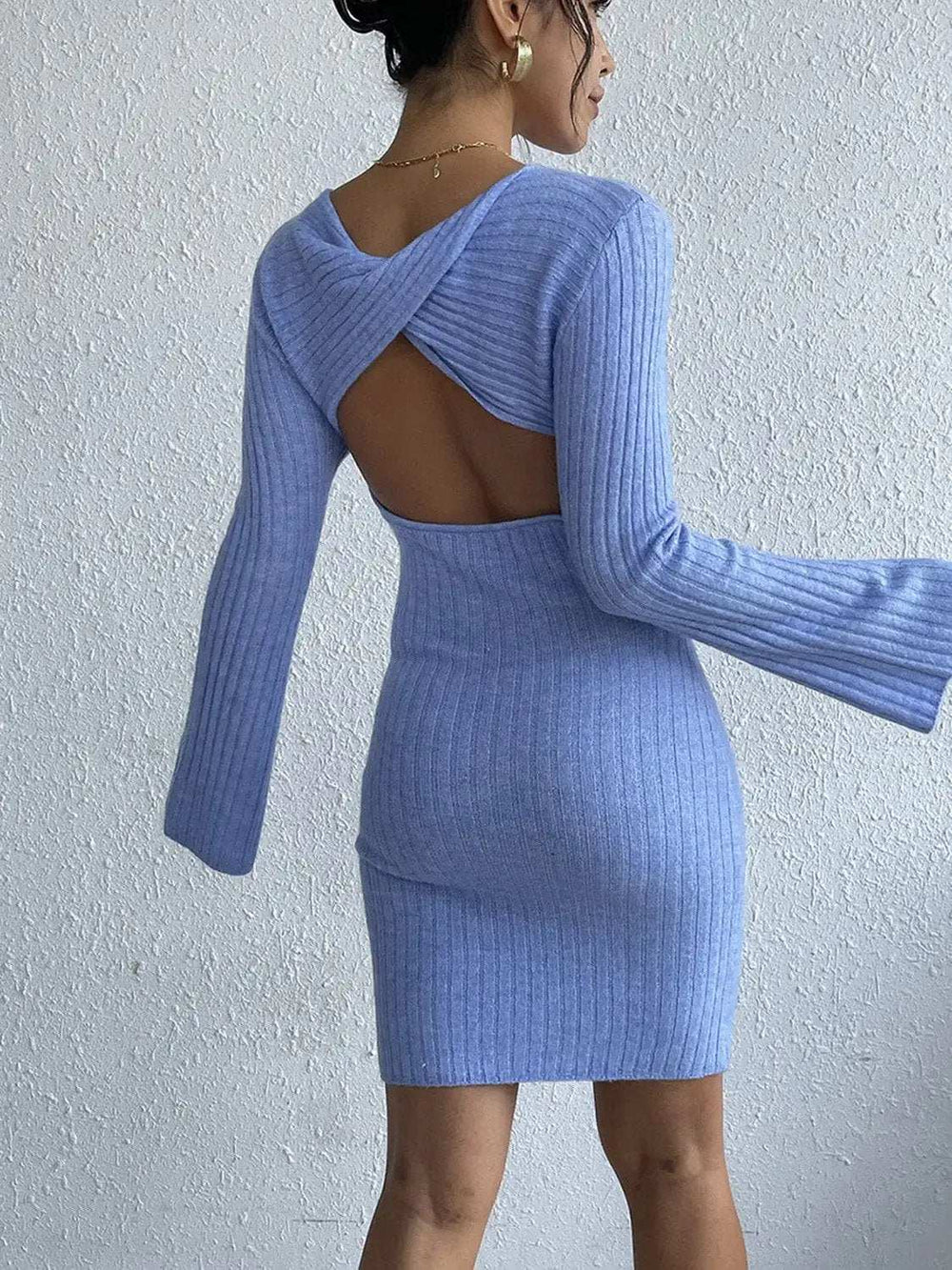 Backless Round Neck Long Sleeve Sweater Dress - Trendsi - Flyclothing LLC