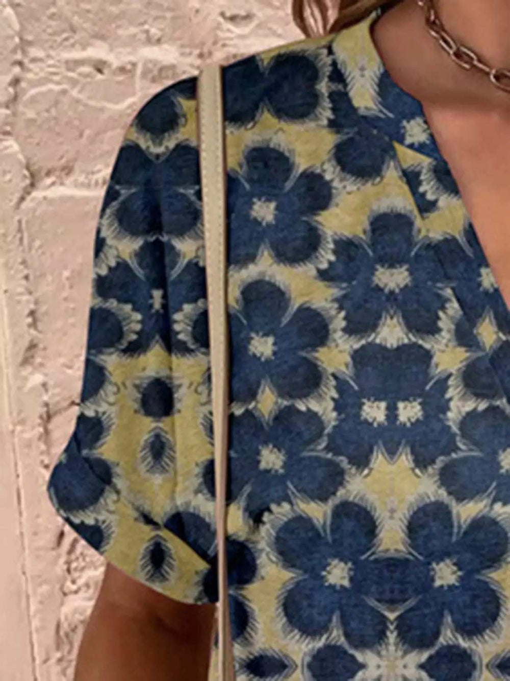 Full Size Printed Notched Short Sleeve Blouse - Trendsi - Flyclothing LLC