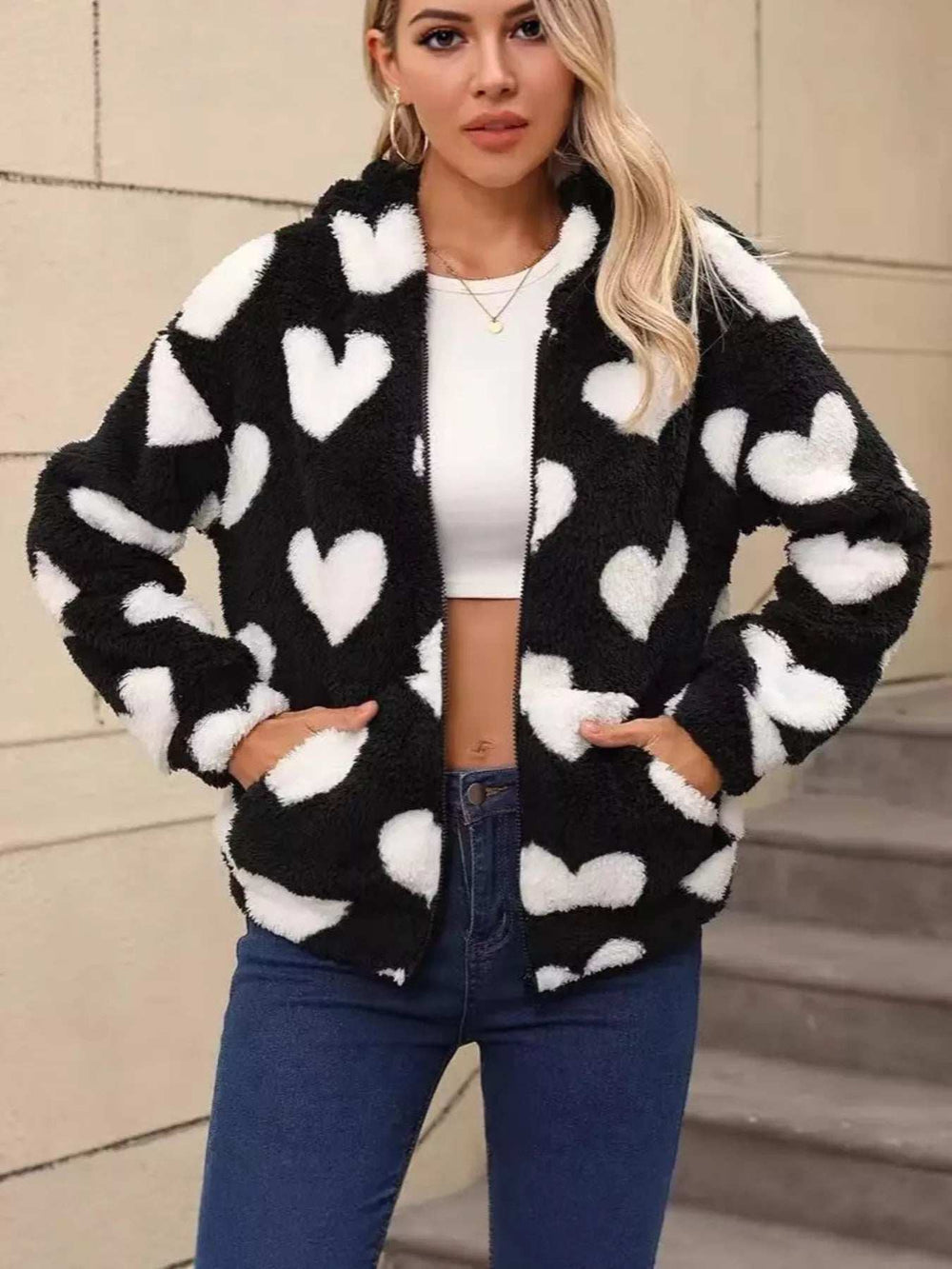 Heart Fuzzy Fleece Zip-Up Outerwear - Trendsi - Flyclothing LLC
