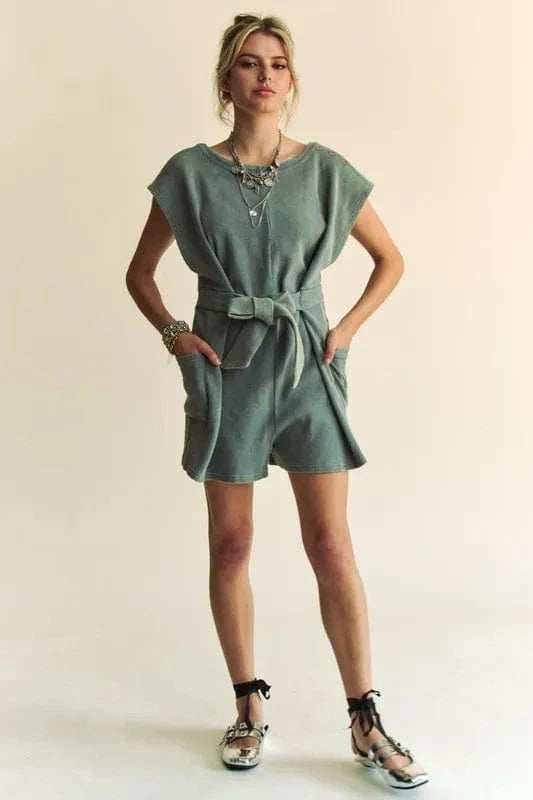 Davi & Dani Acid-Washed Waffle Knit Cuffed Sleeves Romper - Trendsi - Flyclothing LLC