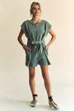 Davi & Dani Acid-Washed Waffle Knit Cuffed Sleeves Romper - Trendsi - Flyclothing LLC
