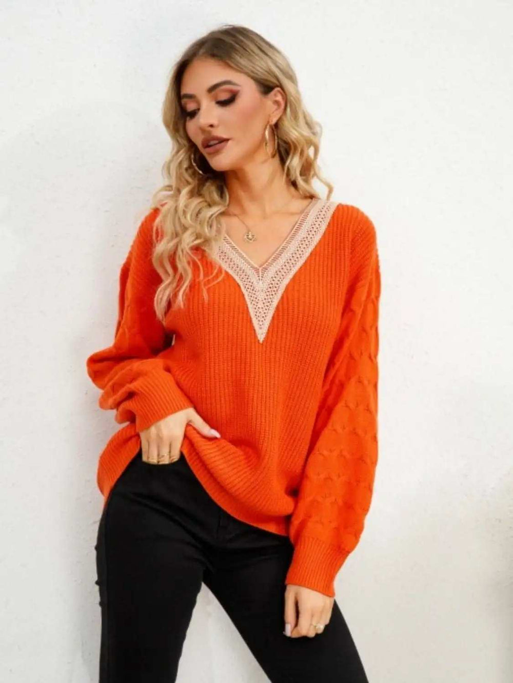V-Neck Dropped Shoulder Long Sleeve Sweater - Trendsi - Flyclothing LLC