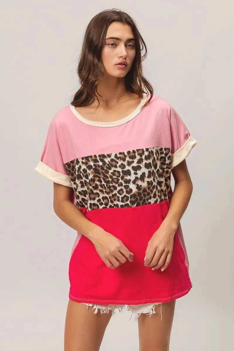BiBi Leopard Printed Jersey Color Block Roll Up - Trendsi - Flyclothing LLC