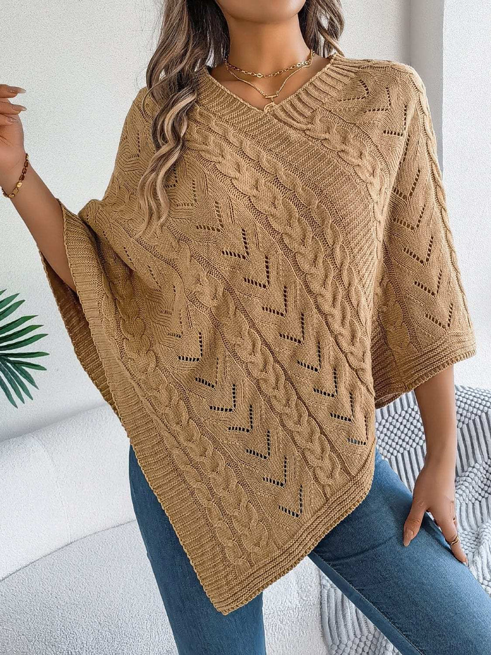 Cable-Knit Openwork Three-Quarter Sleeve Sweater - Trendsi - Flyclothing LLC