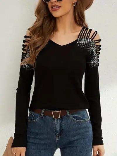 Rhinestone Cutout Long Sleeve T-Shirt - Trendsi - Flyclothing LLC