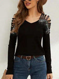 Rhinestone Cutout Long Sleeve T-Shirt - Trendsi - Flyclothing LLC
