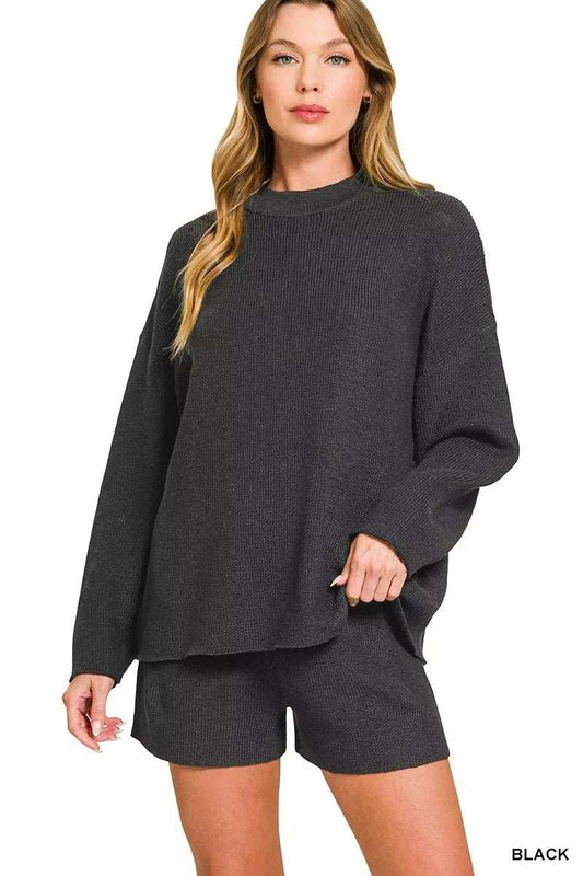 Zenana Round Neck Knit Top and Shorts Sweater Set - Trendsi - Flyclothing LLC