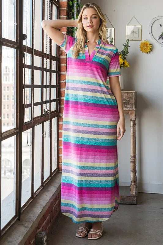 Heimish Full Size Striped Short Sleeve Maxi Tee Dress Plus Size - Trendsi - Flyclothing LLC