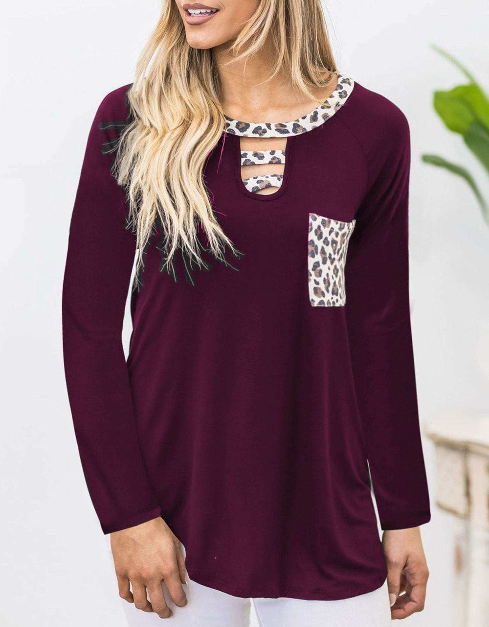 Cutout Leopard Round Neck Long Sleeve T-Shirt - Trendsi - Flyclothing LLC