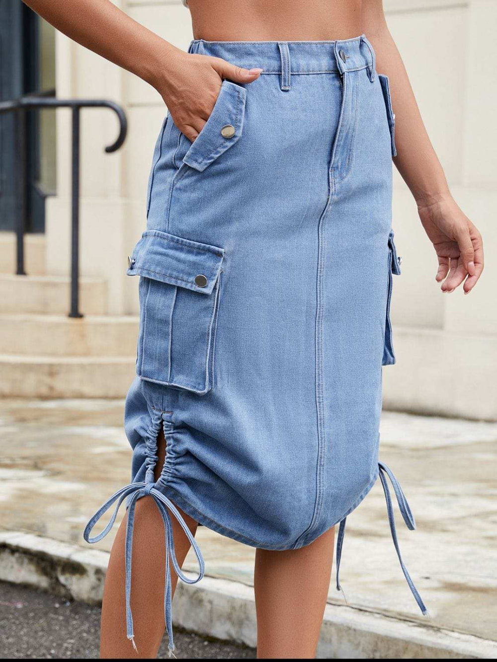 Drawstring Denim Skirt with Cargo Pockets - Trendsi - Flyclothing LLC