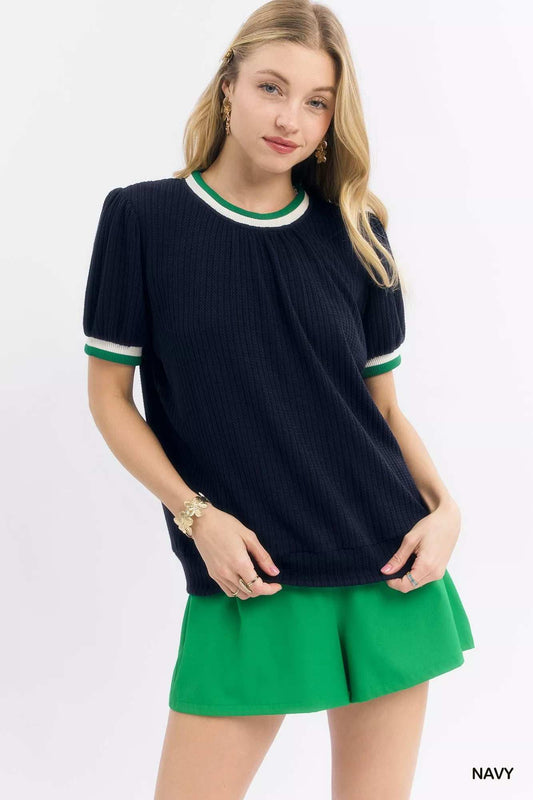 Umgee Puff Sleeve Knit Top with Contrast Rib Trim - Trendsi - Flyclothing LLC