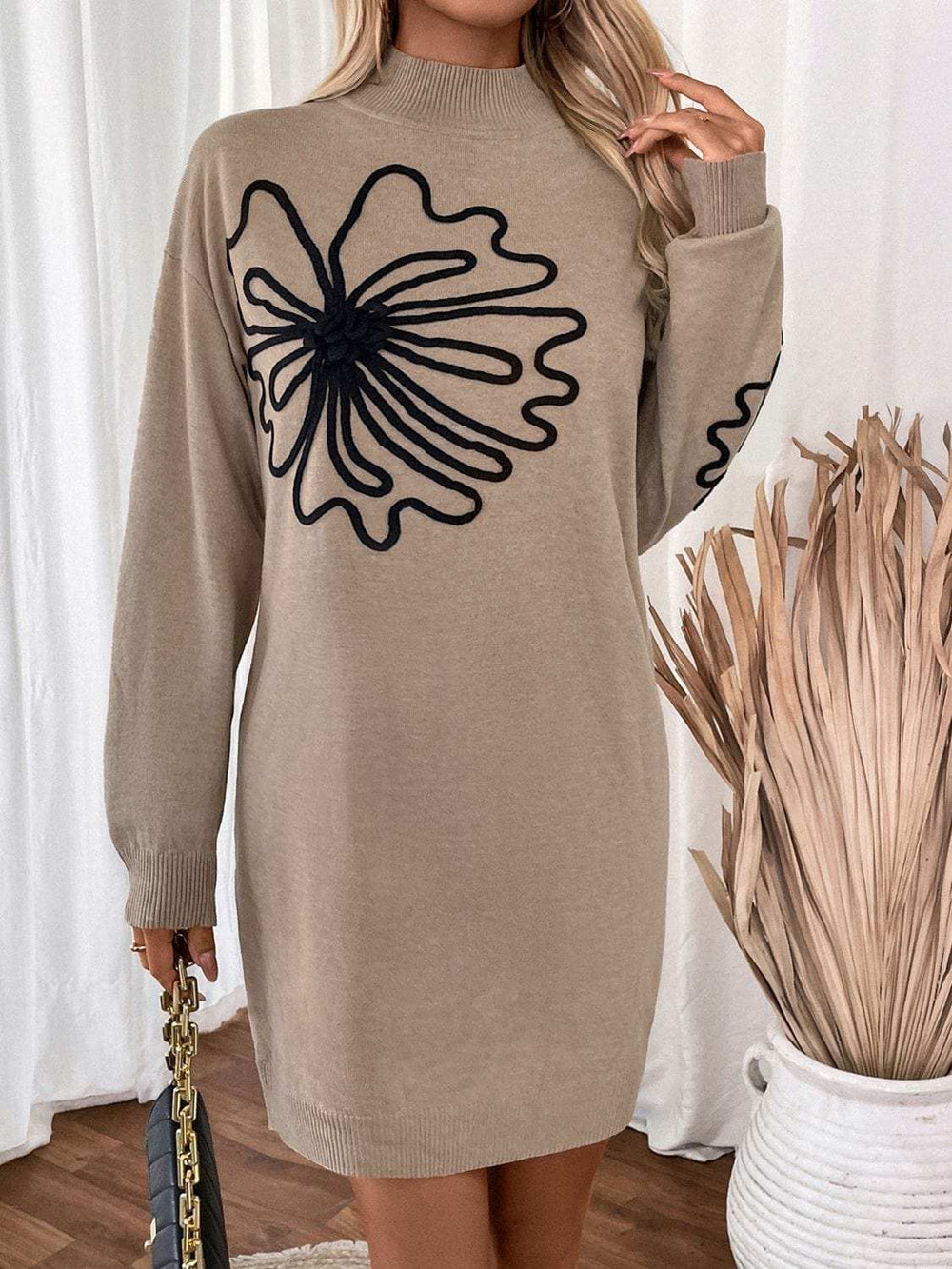 Perfee Flower Mock Neck Long Sleeve Sweater Dress - Trendsi - Flyclothing LLC