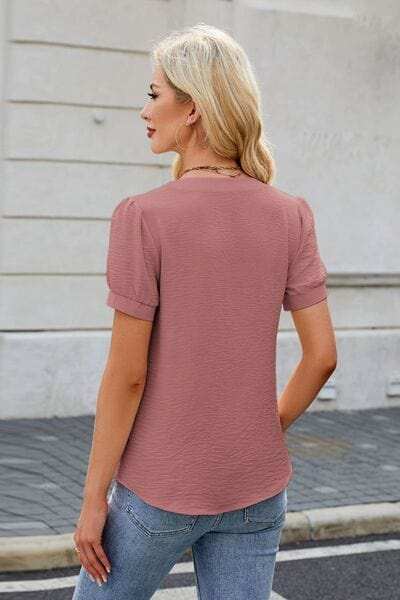 Bow Notched Short Sleeve Blouse - Trendsi - Flyclothing LLC