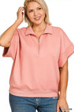 Zenana Full Size Scuba High Neck Half Zip Short Sleeve Top Plus Size - Trendsi - Flyclothing LLC