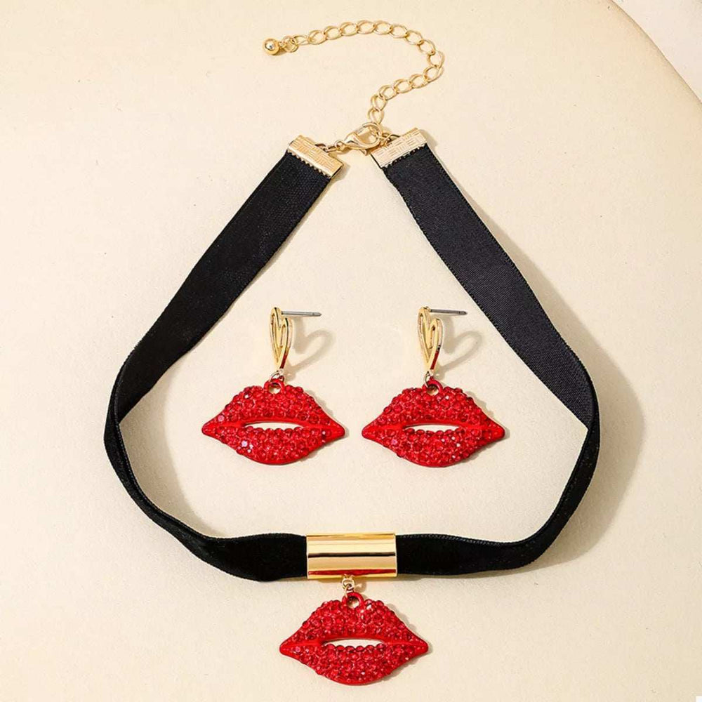 Rhinestone Lip Earrings and Necklace Jewelry Set - Trendsi - Flyclothing LLC
