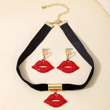 Rhinestone Lip Earrings and Necklace Jewelry Set - Trendsi - Flyclothing LLC