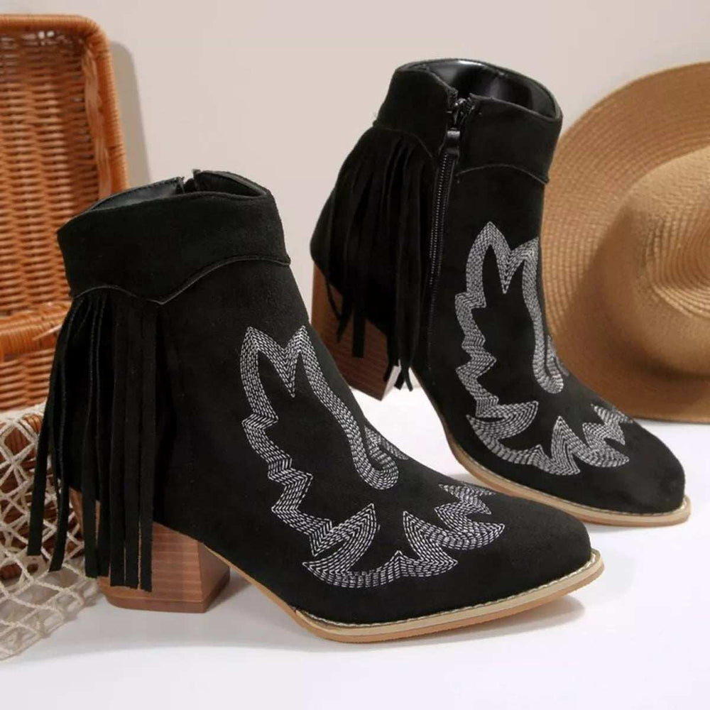 Fringe Point Toe Block Heels Boots - Trendsi - Flyclothing LLC