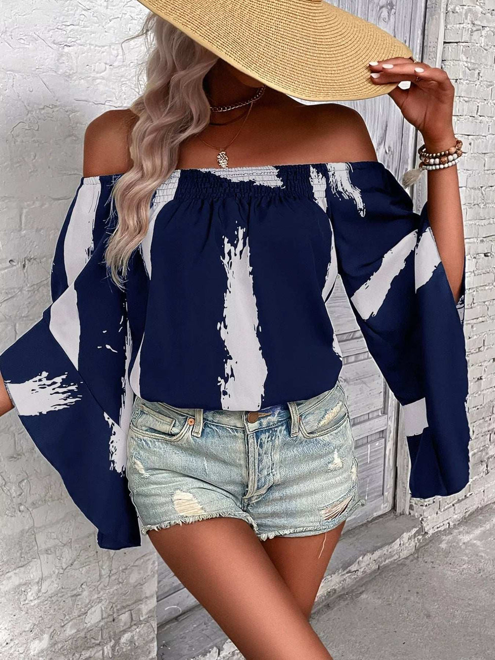 Off Shoulder Bell Sleeve Blouse - Trendsi - Flyclothing LLC