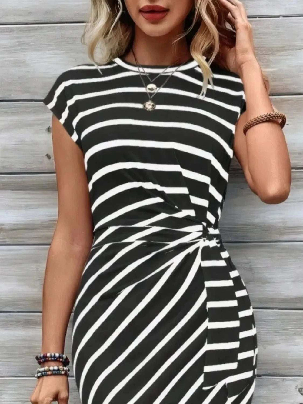 Striped Round Neck Cap Sleeve Midi Dress - Trendsi - Flyclothing LLC