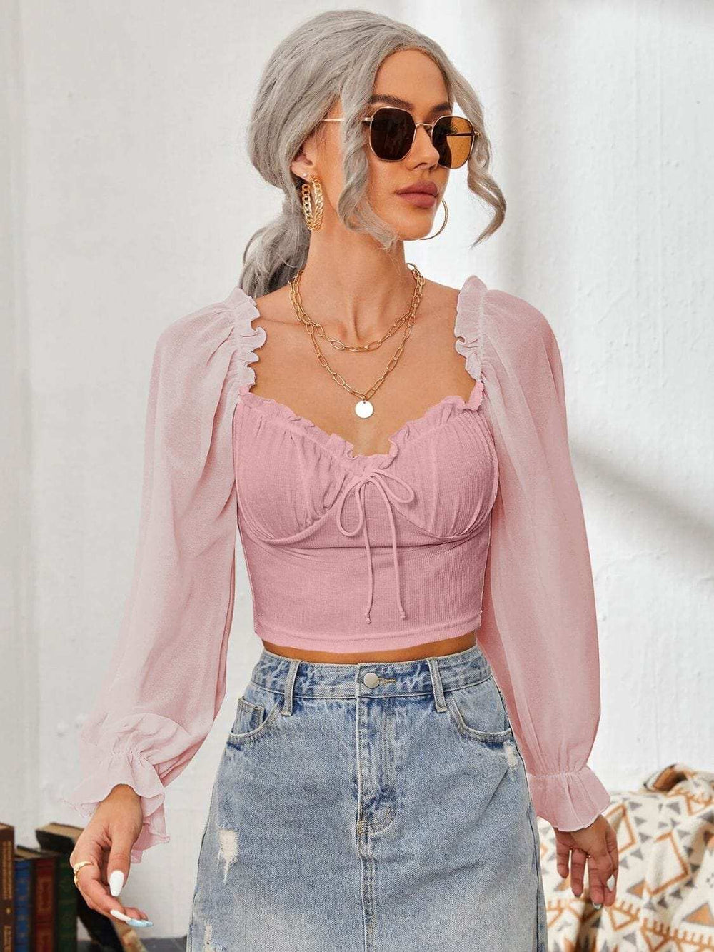 Mesh Sweetheart Neck Flounce Sleeve Top - Trendsi - Flyclothing LLC