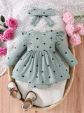 Children's Heart Print Ruffle Trim Bodysuit Dress with Headband - Trendsi - Flyclothing LLC