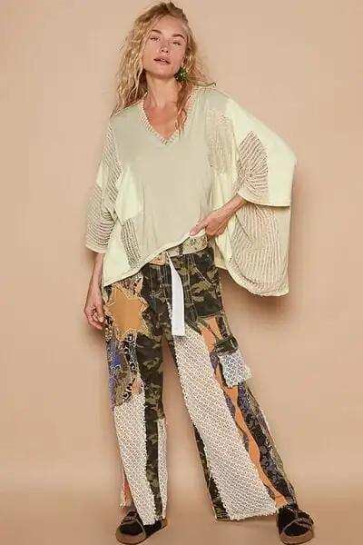 POL High-Low Contrast V-Neck Top - Trendsi - Flyclothing LLC