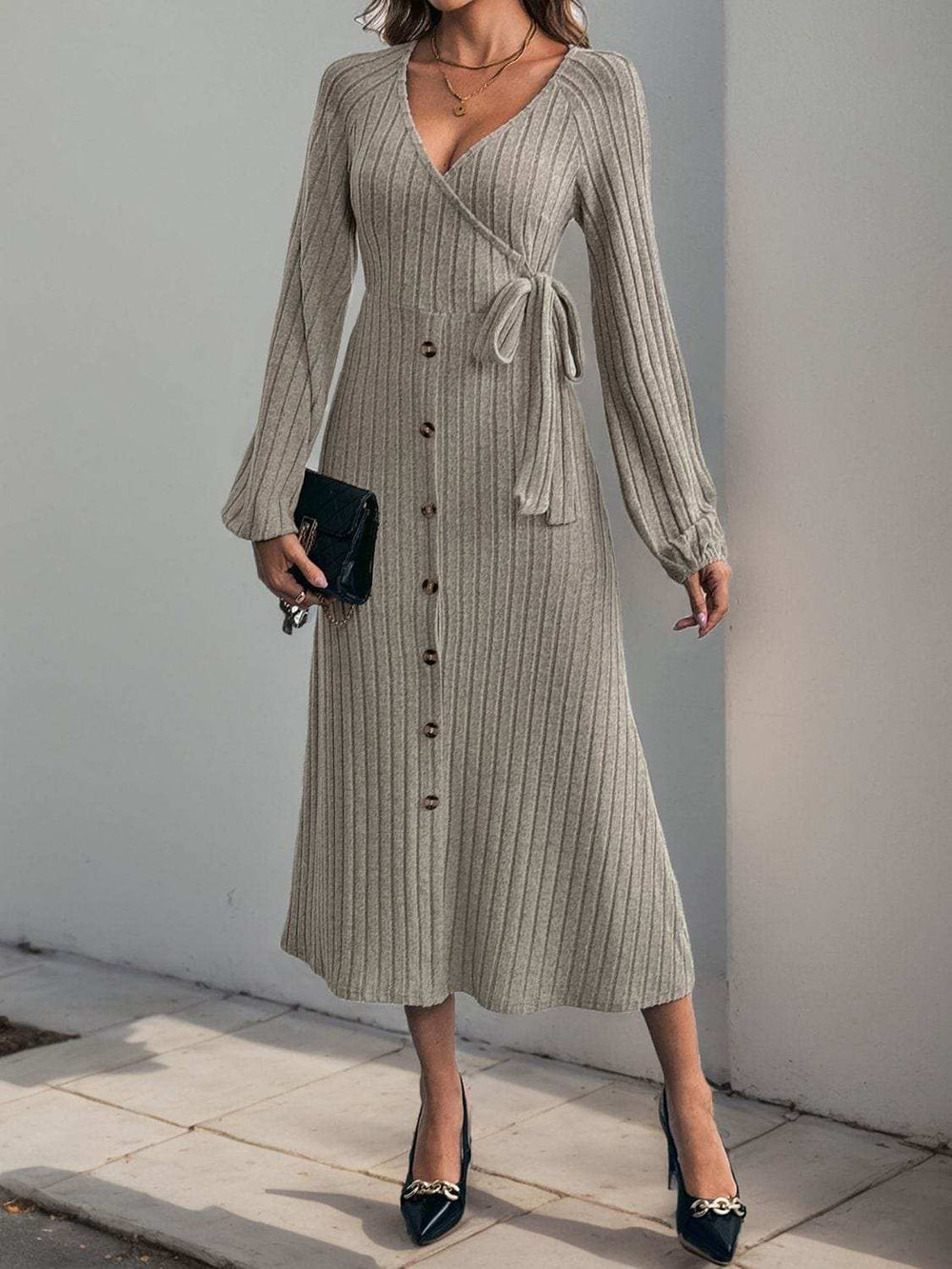 Perfee Ribbed Tied Surplice Long Sleeve Dress - Trendsi - Flyclothing LLC