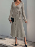 Perfee Ribbed Tied Surplice Long Sleeve Dress - Trendsi - Flyclothing LLC