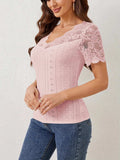 Lace Trim Eyelet Embroidered Summer T-Shirt - Trendsi - Flyclothing LLC