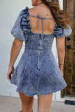 Tie Back Square Neck Puff Sleeve Denim Dress - Trendsi - Flyclothing LLC
