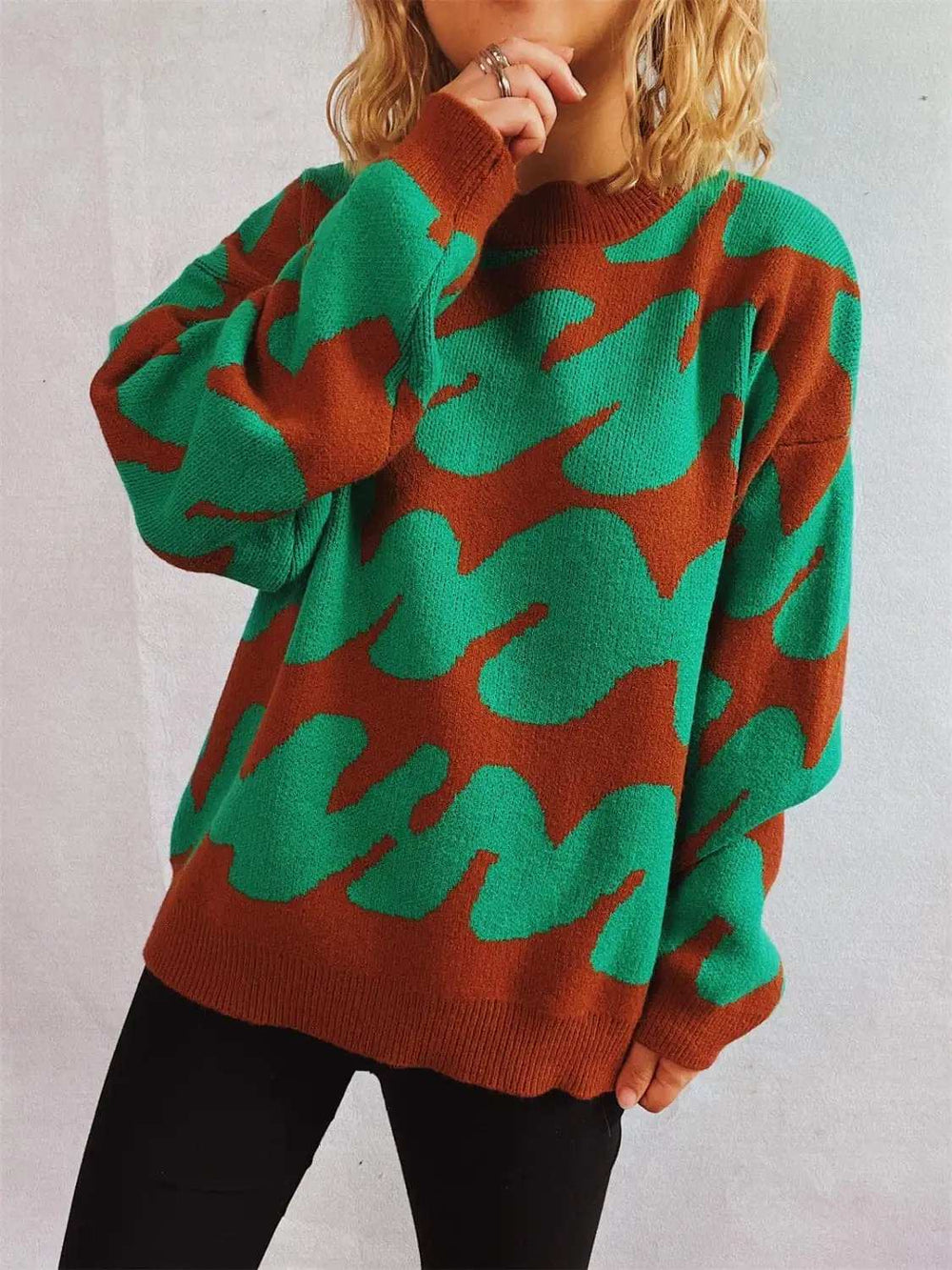 Contrast Round Neck Long Sleeve Sweater - Trendsi - Flyclothing LLC