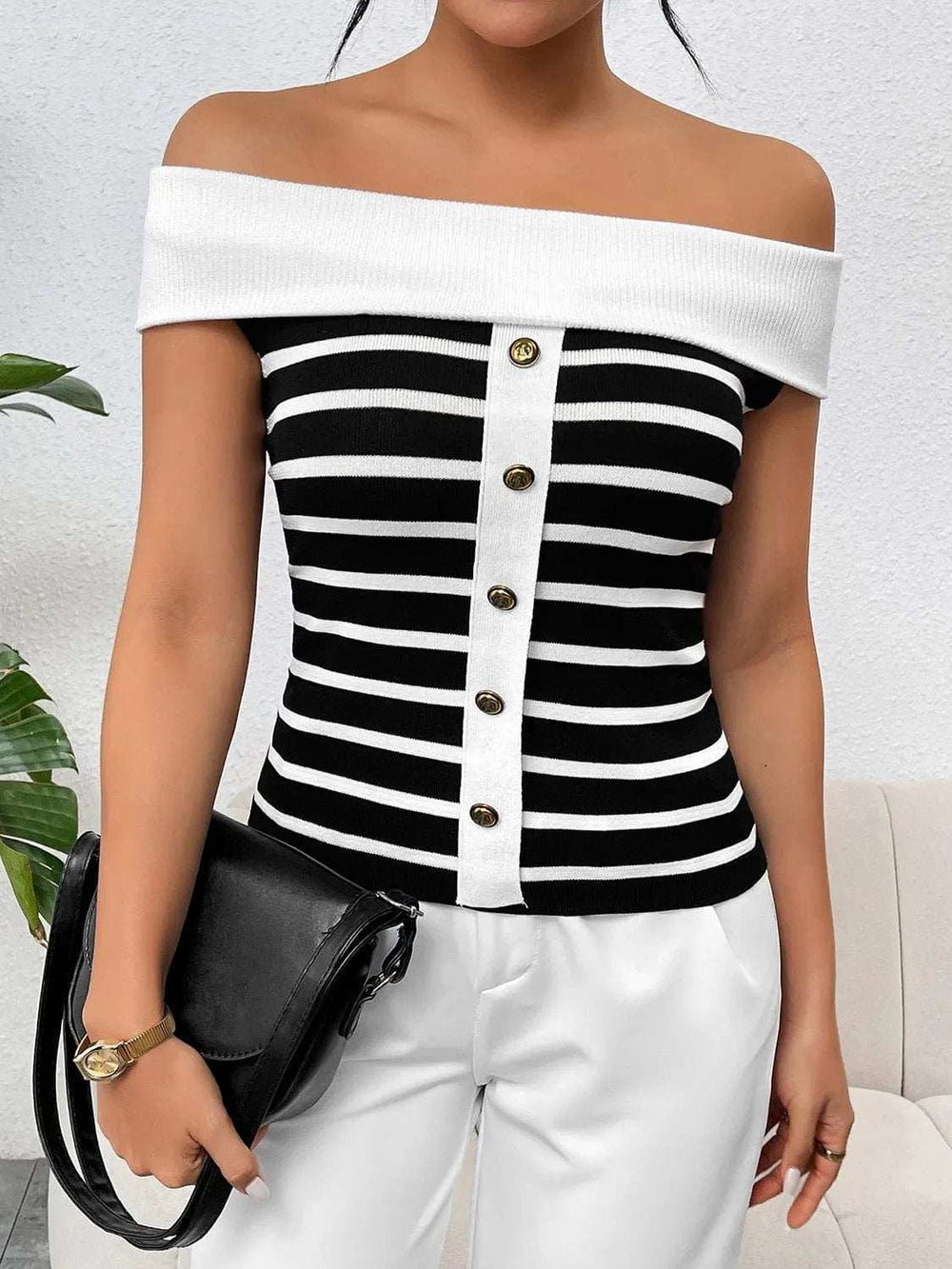 Decorative Button Striped Off-Shoulder Knit Top - Trendsi - Flyclothing LLC
