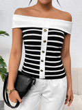 Decorative Button Striped Off-Shoulder Knit Top - Trendsi - Flyclothing LLC