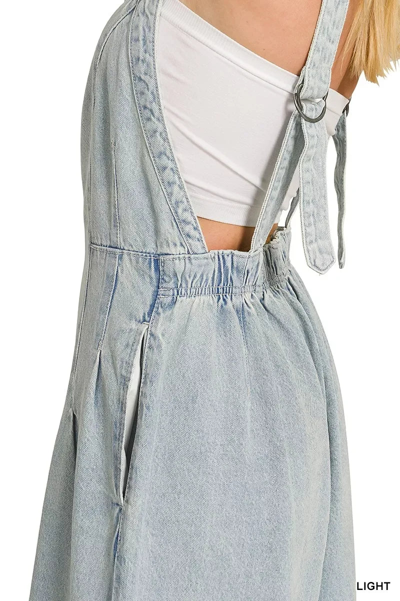 Zenana Denim Light Washed Wide Leg Overalls - Trendsi - Flyclothing LLC