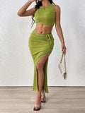 Perfee Texture Cropped Tank and Ruched Skirt Set - Trendsi - Flyclothing LLC